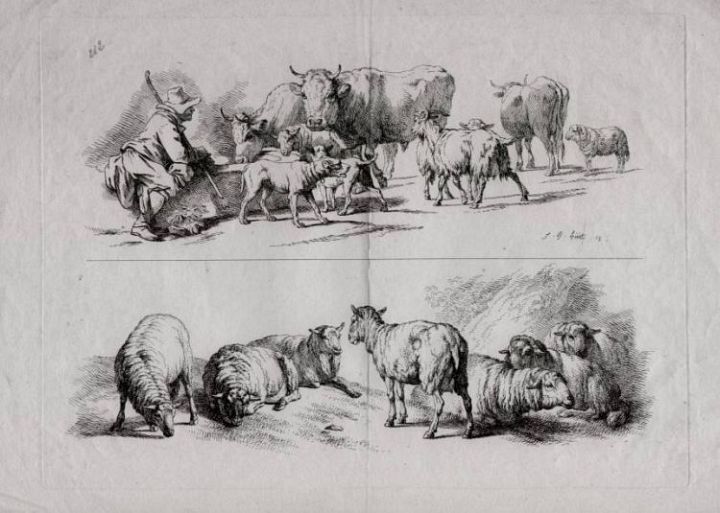 1760 Two J B Huet Etchings Cattle and Sheep