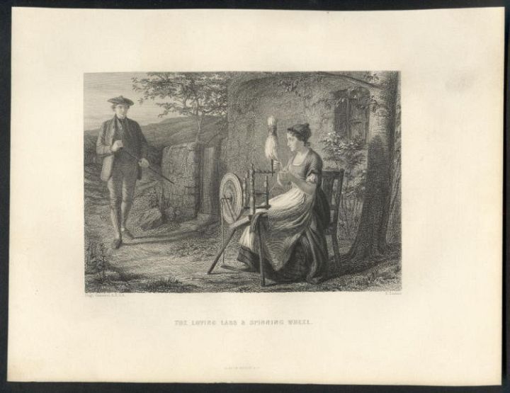 1860 Antique Print of a Lady at a Spinning Wheel