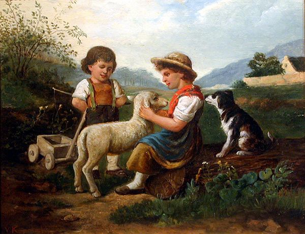 2 Children with Lamb and Dog