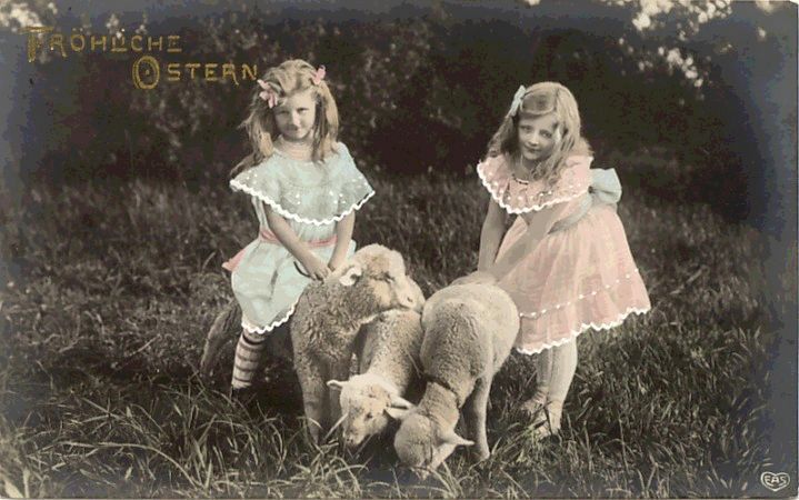 2 Little Girls with 3 Lambs