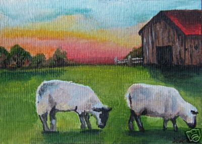 2 Sheep Graze at Dawn