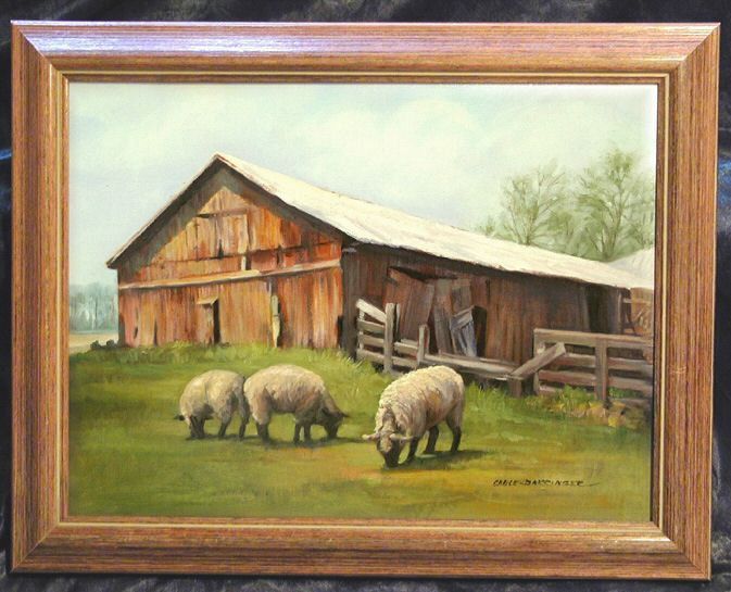 3 Sheep Graze By Old Barn