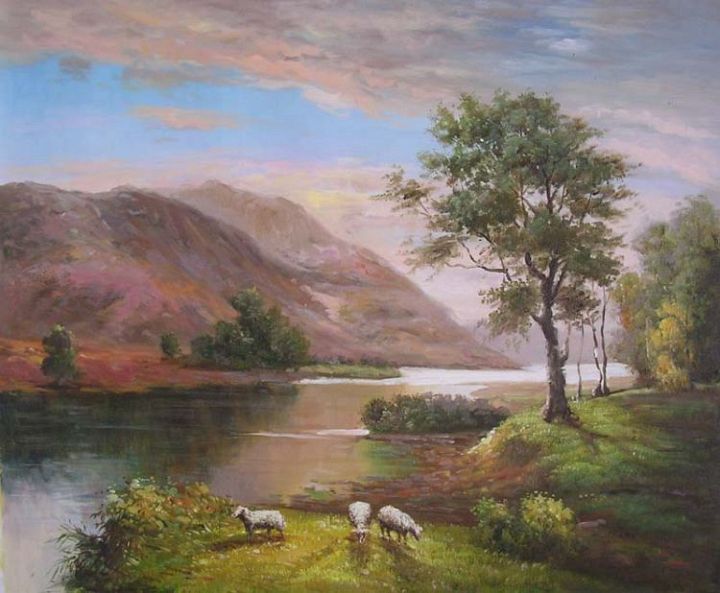 3 Sheep Graze By River