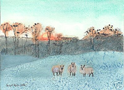 3 Sheep in a Winter Sunset