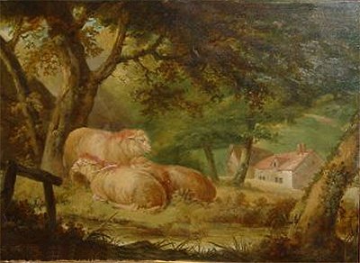 3 Sheep in a Woods with a Cottage