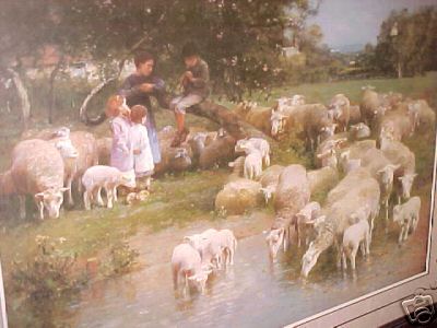 4 Children with Ewes and Lambs By Water