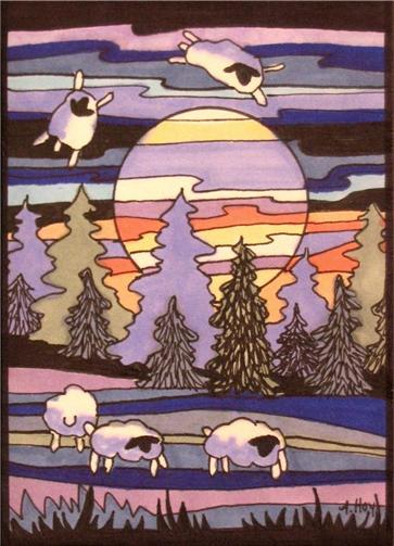Ahha Aceo Sheep Jump Moon Fantasy Original Landscape