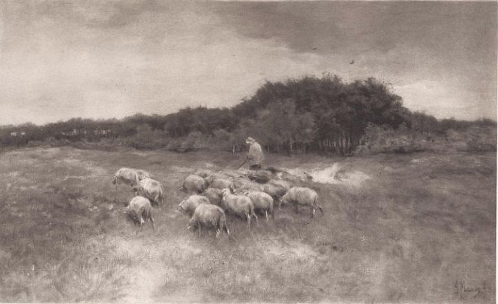 Antique Print Shepherd with Sheep