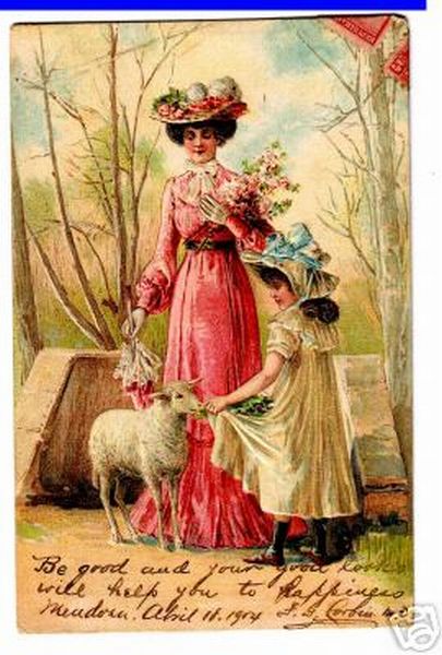 Art Nouveau Woman with Girl and Sheep