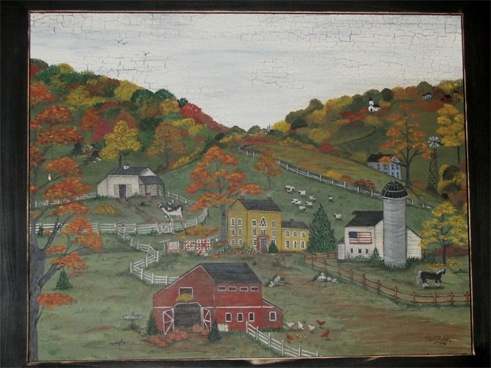 Autum Folk Art Painting with Sheep