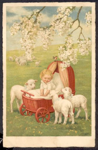 Baby in Spring with Lambs