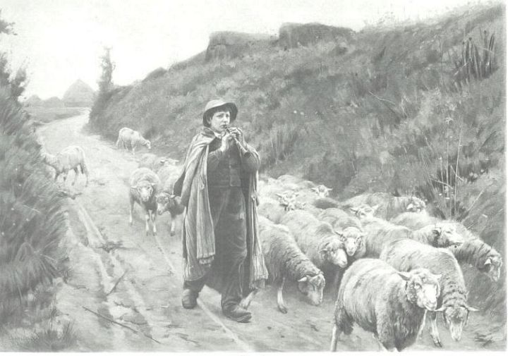Beautiful Shepherd with Pipe and Sheep
