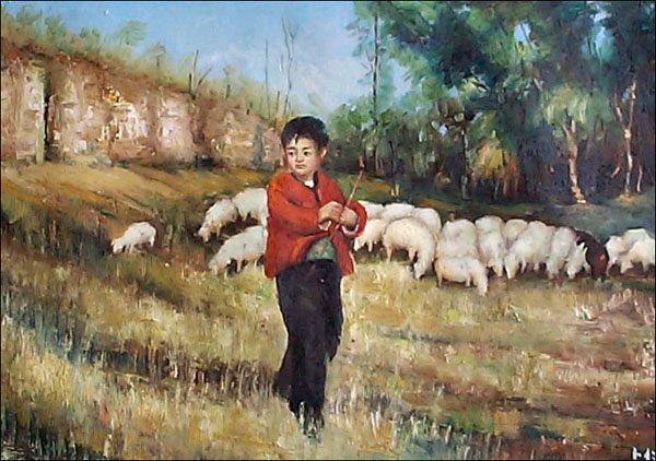 Boy in Red with Sheep