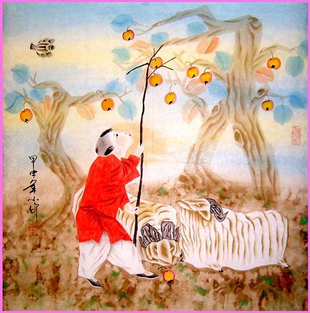 Boy with Rams and Persimmons Sheep