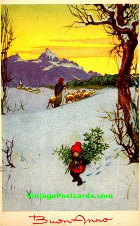 Child Carrying Evergreen Shepherd Sheep Postcard