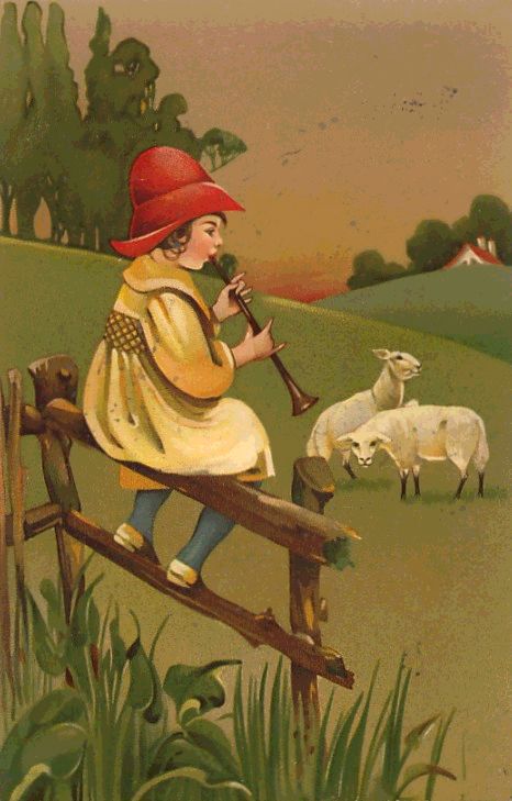 Child in Red Hat Pipes to Sheep