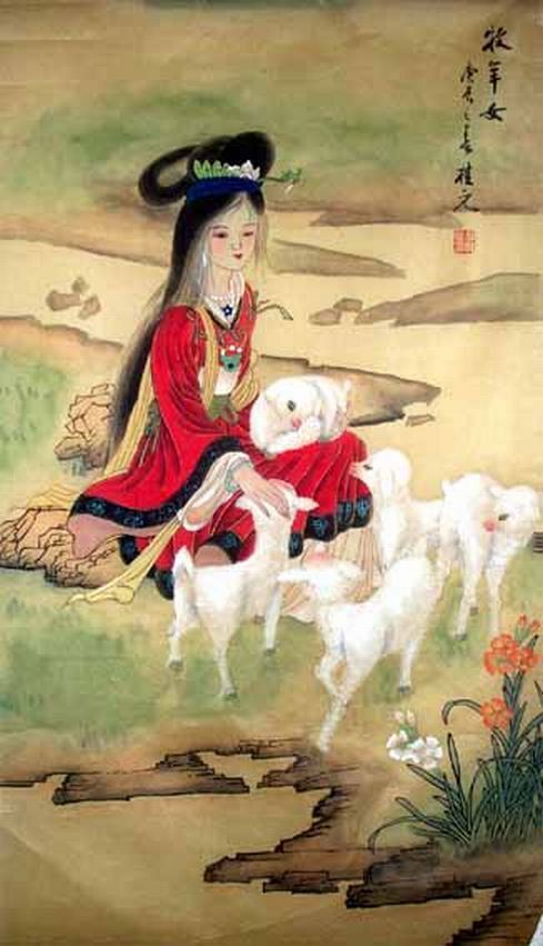 Chinese Girl with Lambs