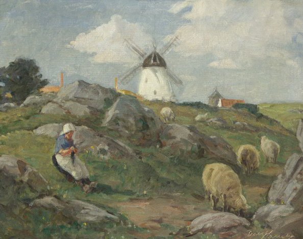 Dutch Shepherdess Knitting Socks with Sheep