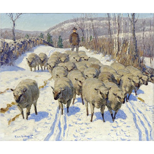 Edward Volkert Sheep Oil Painting Farmer in Snow