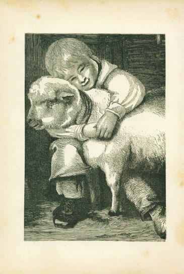 Engraving Boy Hugging Lamb