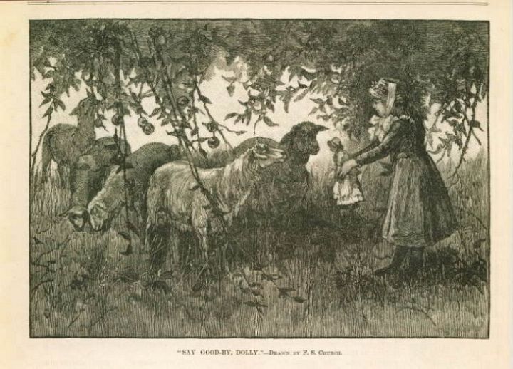 Engraving Girl Shows Her Doll to Sheep