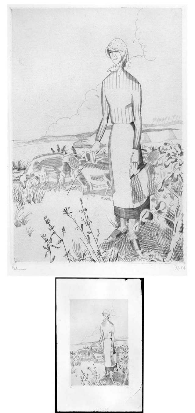 Engraving Woman with Sheep