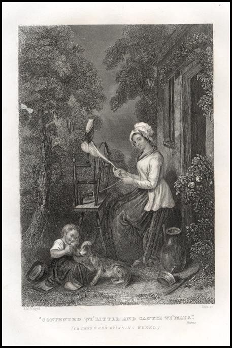 Engraving Woman Spinning and Boy with Dog