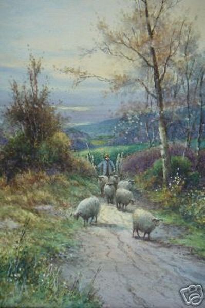 F H Tyndale Watercolour Farmer and Sheep in Landscape