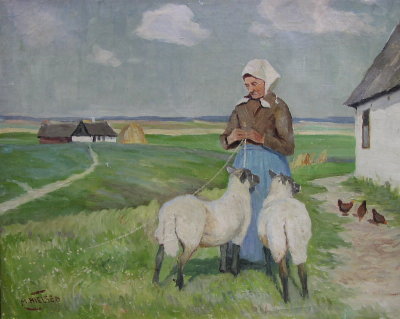 Farm Wife with 2 Sheep