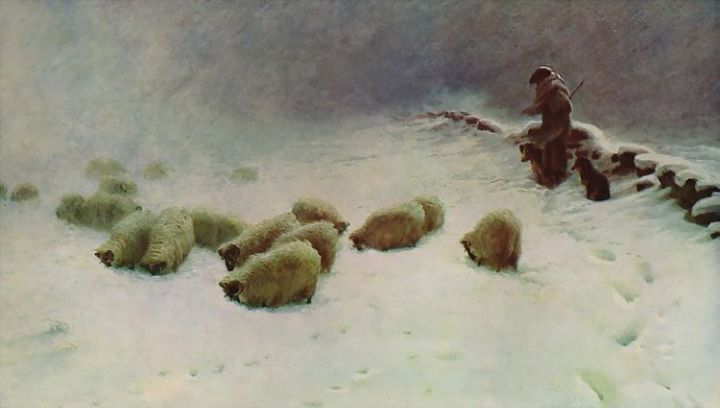 Farquharson Painting of Sheep Grazing in Snow