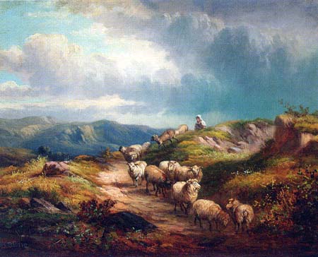 Flock of Sheep on a Mountain Track