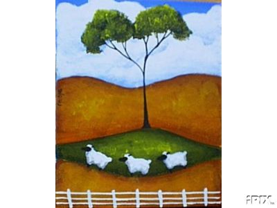 Folk Art 3 Sheep Under a Tree
