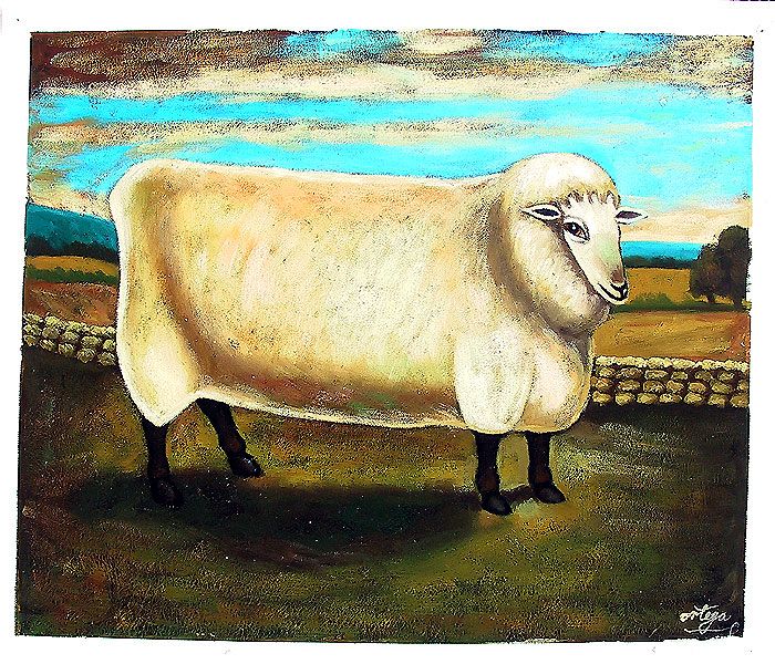 Folk Art Ewe By Stone Wall