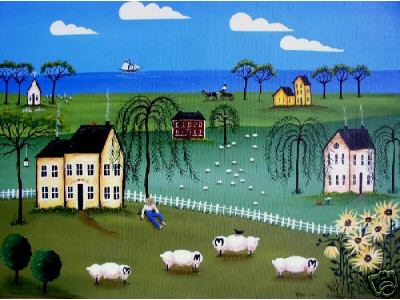 Folk Art Several Sheep Flocks in Seaside Village
