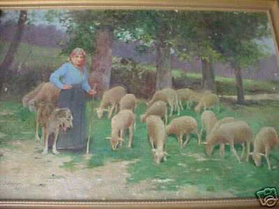 French Woman with Her Sheep and Dog