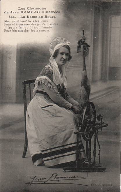 French Woman with Lace Cap Spinning Flax