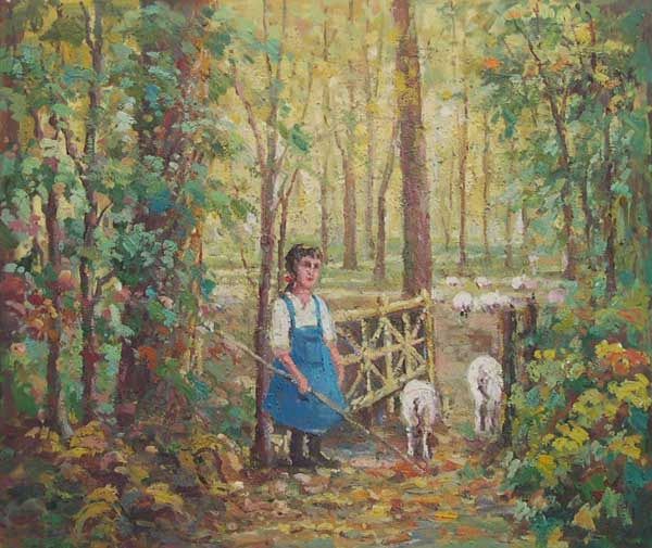 Girl Taking Sheep to Pasture