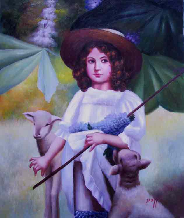 Girl with Picture Hat and Lambs
