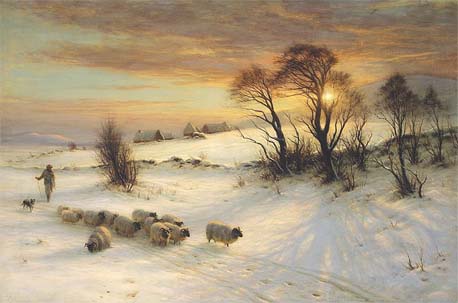 Herding Sheep in a Winter Landscape at Sunset