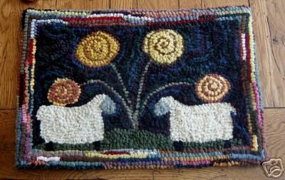 Hooked Rug Two Sheep with Posies