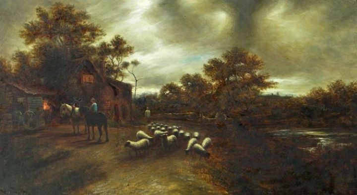 Horsemen Sheep and Cottage