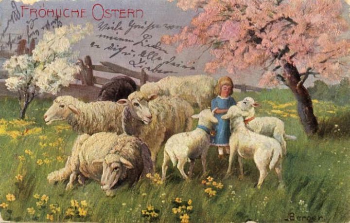Little Girl with Big Sheep in Spring