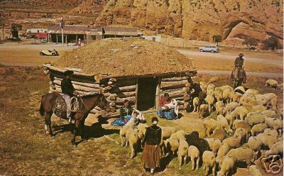 Navajo Family with Sheep Outside of Hogan