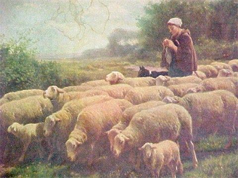 Old Antique Sheep with Knitting Shepherdess