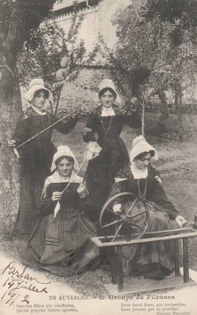 Old French Postcard of Mother and 3 Daughters Spinning