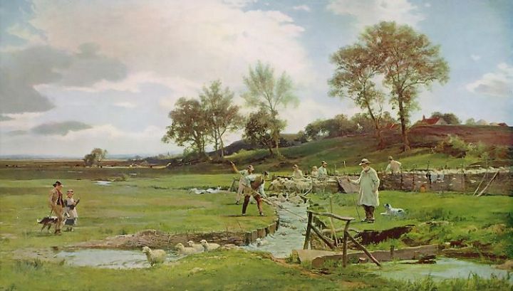 Old Print By Aumonier Sheep Washing Shepherd Rural Farm