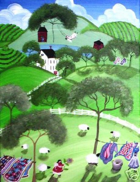 Original Folk Art Painting Christine Quilts Sheep Trees38 1