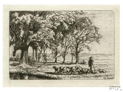 Pen and Ink Shepherd and Sheep