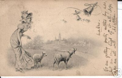 Postcard By Tuck Sheep Shepherdess Bells Lamb Art