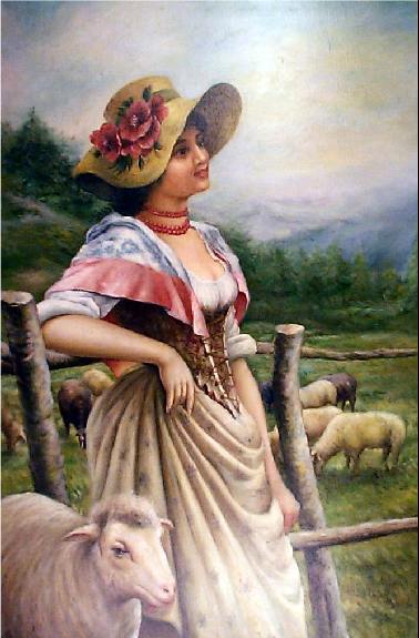 Pretty Old World Shepherdess with Sheep